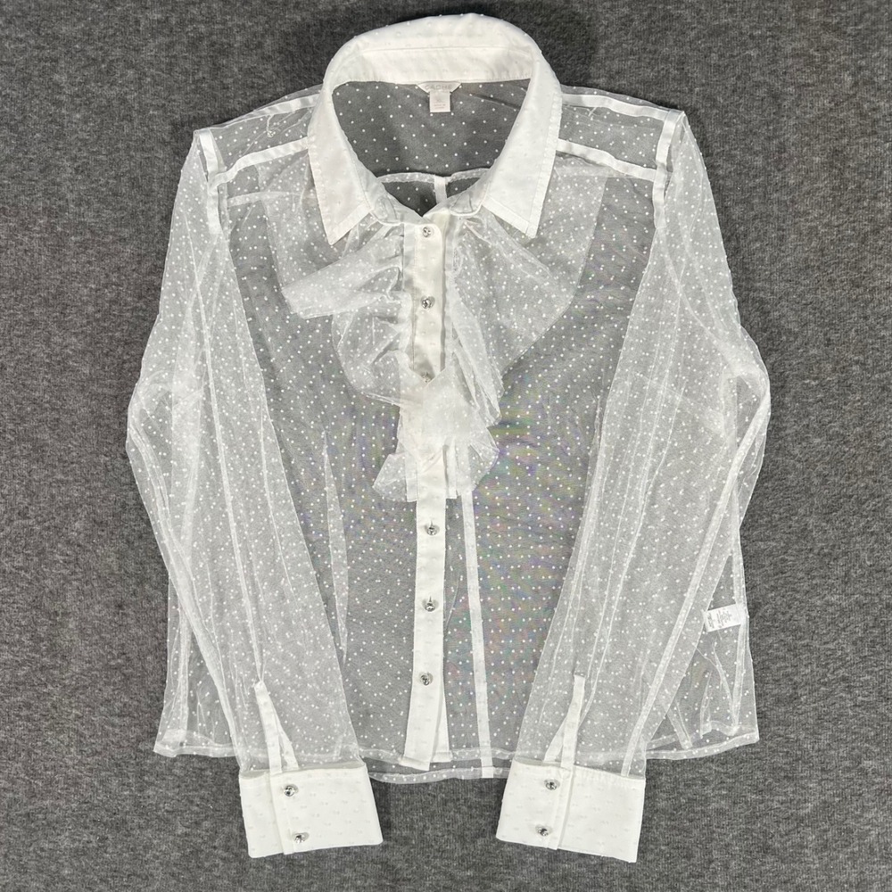Cache White Sheer Mesh Swiss Polka Dot Ruffle Front Button Down Blouse XL